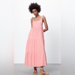 Zara Pink Bubble Gum Bohemian Tiered Long Straight Neckline Cotton Dress Sz XL